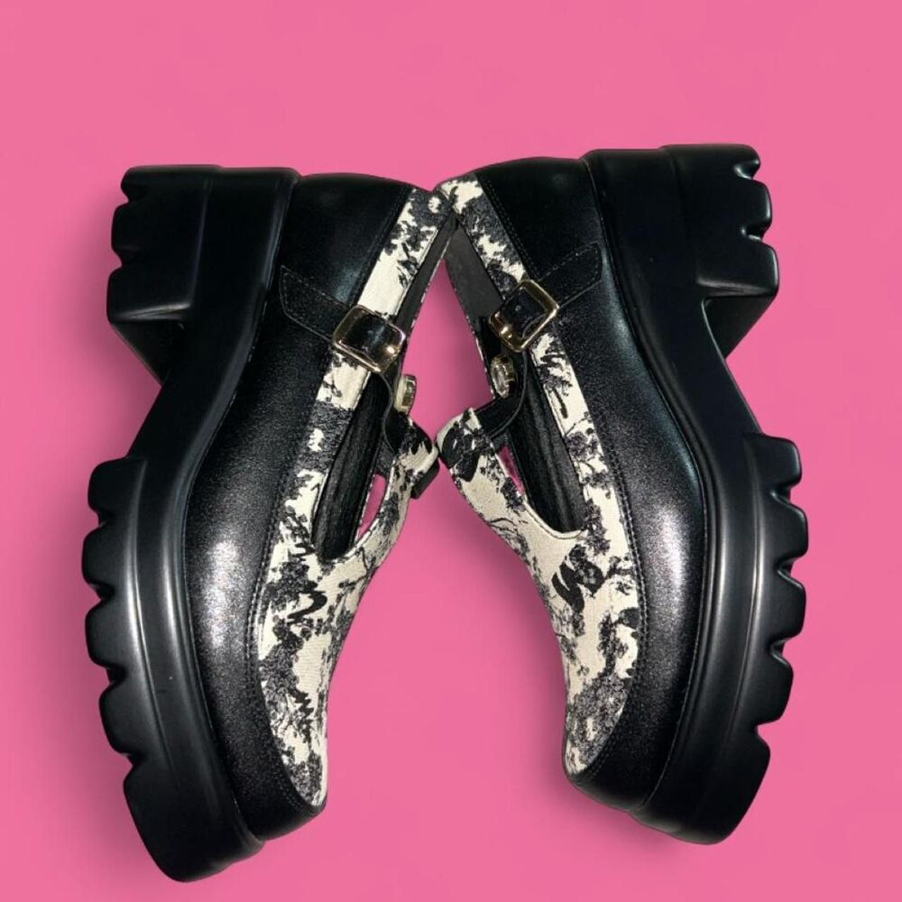 Black White Floral Chunky Platform Mary Jane Shoes EU 39 US 8.5